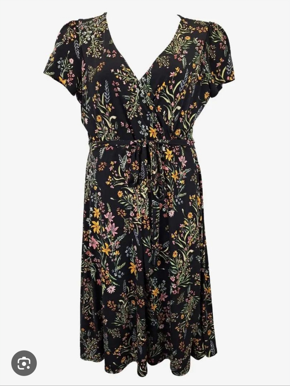 Rachel Zoe Black Floral Wrap Midi Dress with Pink & Yellow Blooms